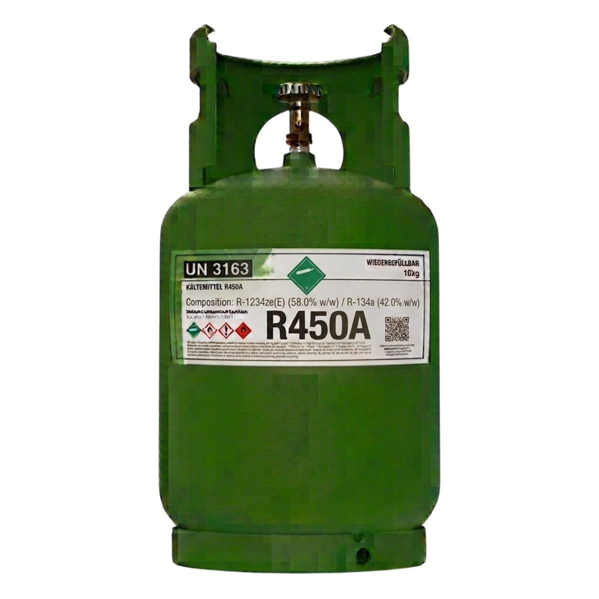 R450A Klimagas Kältemittel – 10 kg, aufladbarer Zylinder, 1/4 Anschluss